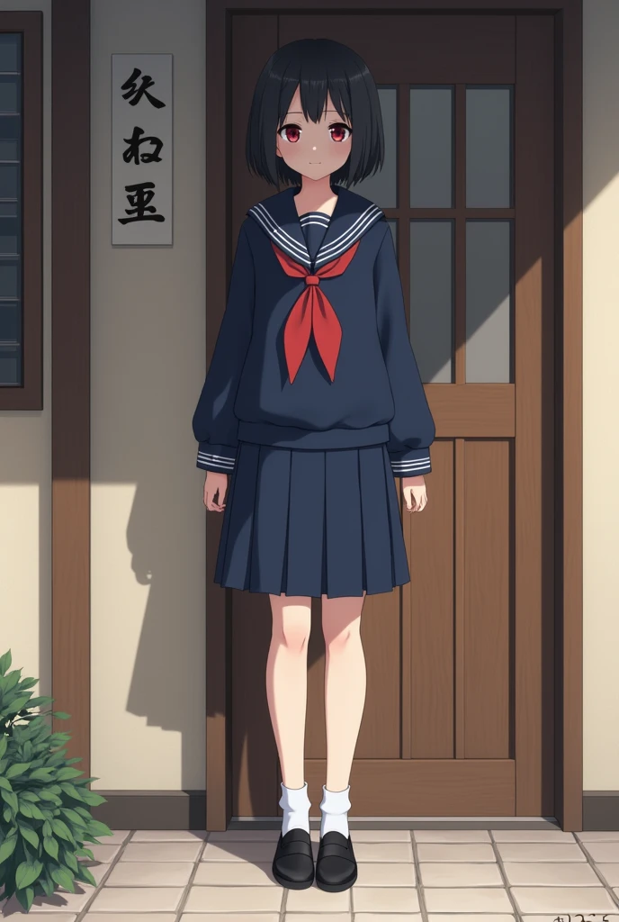 Standing next to the door of a Japanese house、high school girl、Black short hair、Navy long-sleeved sailor suit、skirt,Deep red eyes、barefoot、Cool smile、Full body portrait,Black Loafers,White socks