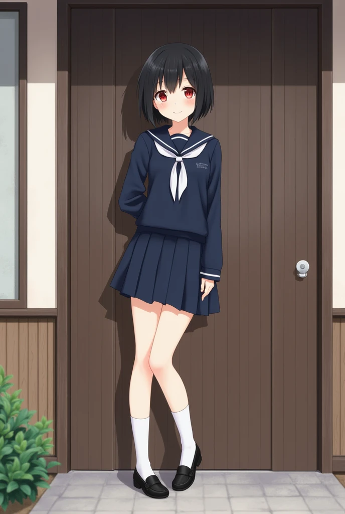 Standing next to the door of a Japanese house、high school girl、Black short hair、Navy long-sleeved sailor suit、skirt,Deep red eyes、barefoot、Cool smile、Full body portrait,Black Loafers,White socks
