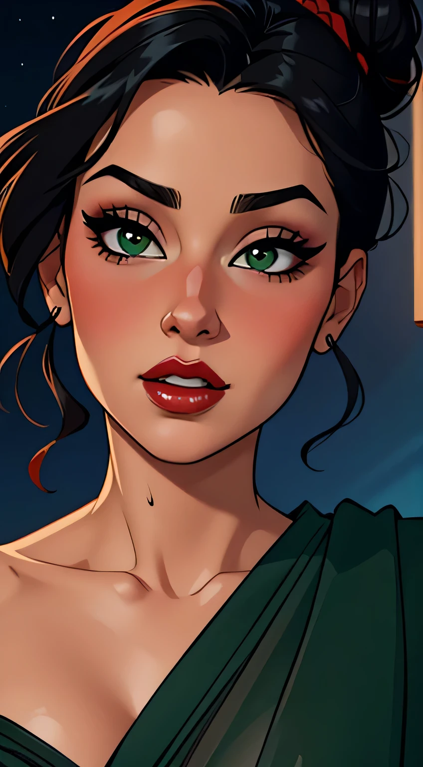 Amazing portrait of a woman who is 30 years old and an adult and a sexy woman with a beautiful face and her black hair tied in a messy bun wearing amazing makeup and blushing intensely while she's flustered and lustful and her perfect lips are parted wearing black blouse and sheer dark green saree being absolutely hot during night time with soft lighting showcasing her red lips and her beautiful face in detail and close up