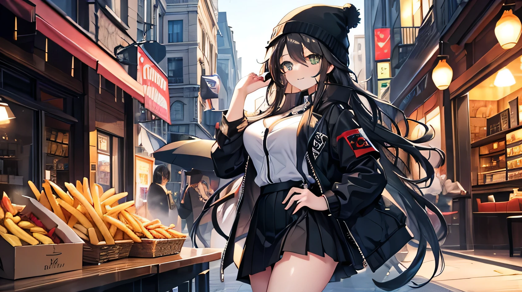 masterpiece, high quality, A pretty woman, Long hair, wavy hair, black hair, green eyes, smiling face, big breasts, juicy breasts, Open shirt, short skirt, black jacket, black beanie hat, French fries, background of a restaurant