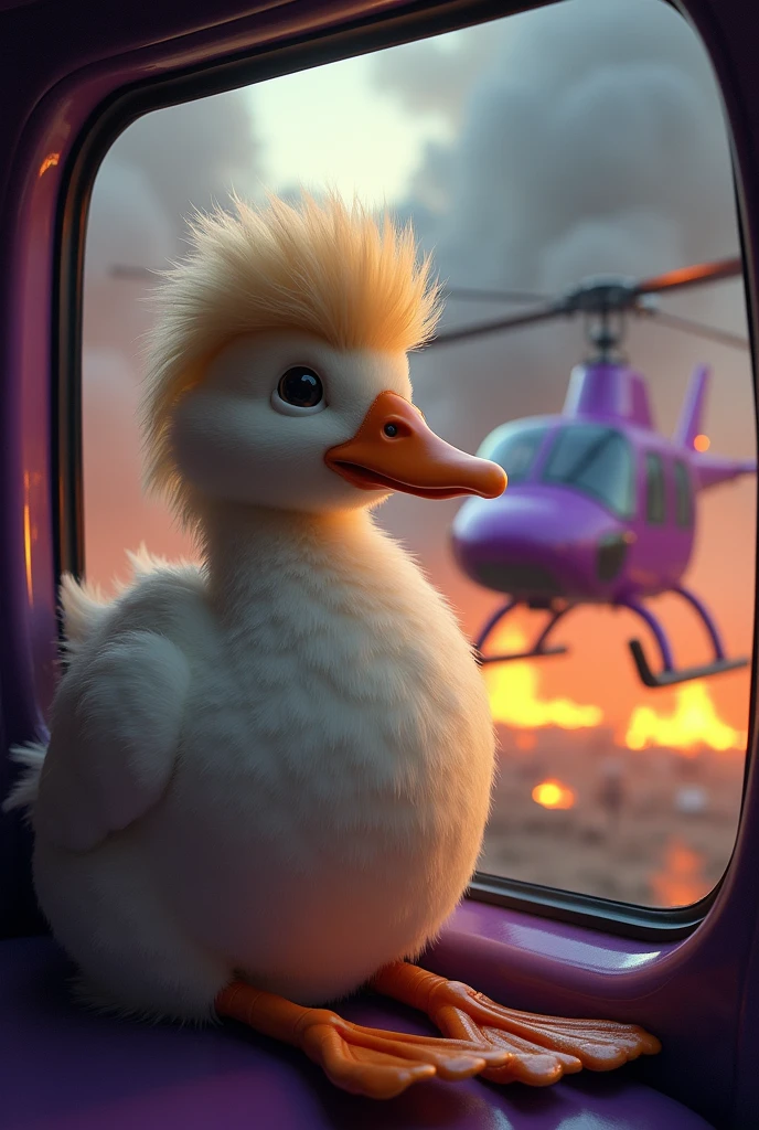 Duck Mafia with Donald Trump's Hairstyle, Soft fur, Sitting next to the door of a purple helicopter flying., Battlefield scenes, The whole place is on fire.