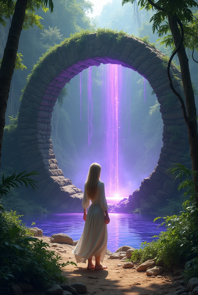 ((JUNGLE ENVIRONMENT)), ((Indian jungle ruins)), Circular portal with purple water as transport middle, round stone array border that surrounds purple liquid water, portal at vertical stance only, three-fourths angle view from viewer, purple liquid in vertical portal door only, no horizontal circular door, dirt path on ground leading up to the door, foliage along ground, stone circular door travels for infinity, long unending corridor, infinite unending water, purple liquid vertical pool, young big breasted prophetess, linen cloth full garb hoody adorned, rope waist tie, blonde female, white, blue eyes, beautiful, structured jaw line, massive breasted, clothed, big rounded breasted, personification of Wisdom, female character viewing viewer, humongously breasted female, wife, tall woman, large breasted, large booty, front facing pose, wide booty, wide hips, wide breasts, oversized Breasts, big titties, massive tits, Female personification of Reddit