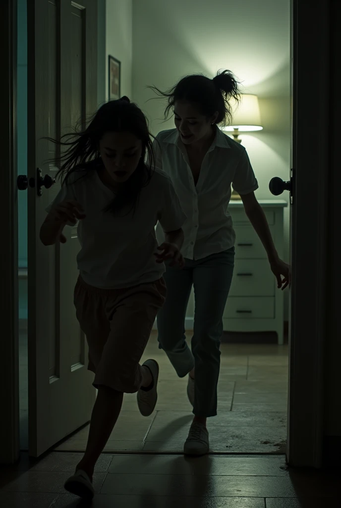 cinematic, realistic tragedy film, daughter trying to running outside the house while her mom try to stop her