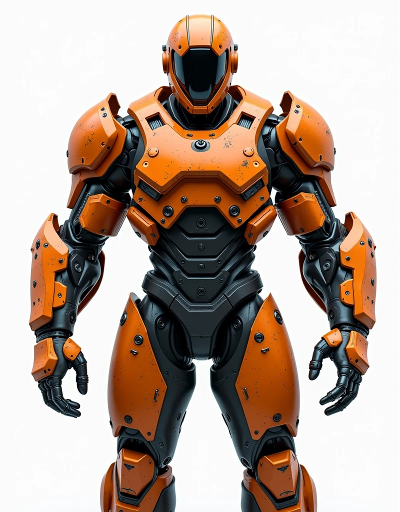 Generate a concept in AI，AI，Half Body，Mecha like Marvel's Hulk full color orange and rust armor, cyberpunk hi tech helmet, Technology，Surreal, white background