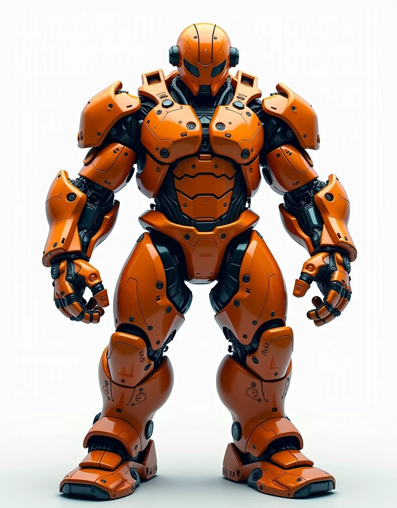 Generate a concept in AI，AI，Half Body，Mecha like Marvel's Hulk full color orange and rust armor, cyberpunk hi tech helmet, Technology，Surreal, white background
