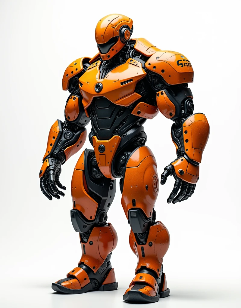 Generate a concept in AI，AI，Half Body，Mecha like Marvel's Hulk full color orange and rust armor, cyberpunk hi tech helmet, Technology，Surreal, white background