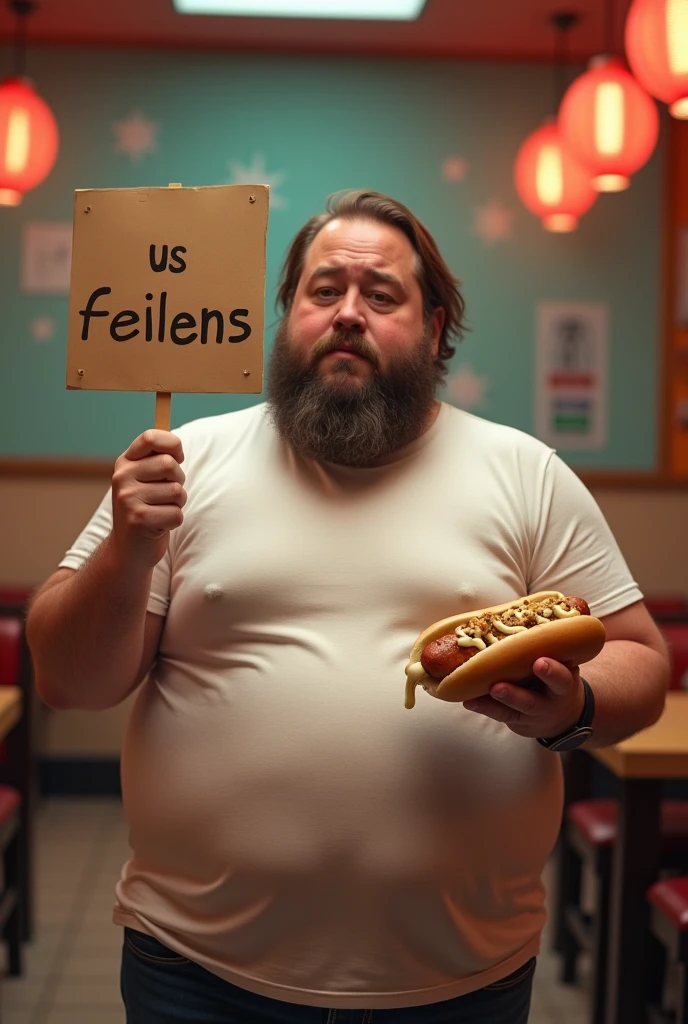 Une personne gros, vraiment obèse, avec une barbe, jeune, à peut prêt 21 ans, cheveux brun. qui tiens une affiche avec marquer " US Feillens " dans la main gauche sans images sur l'affiche. il as des cheveux long mais qui ne descendent pas et il a une barbe. il tiens aussi dans sa main droite un hot-dog à la mayonnaise. il a un t-shirt simple qui ne lui va pas entièrement, on voit son ventre et son nombril . Le fond de l'image va être un restaurant asiatique à volonté. il transpirent des dessous de bras 