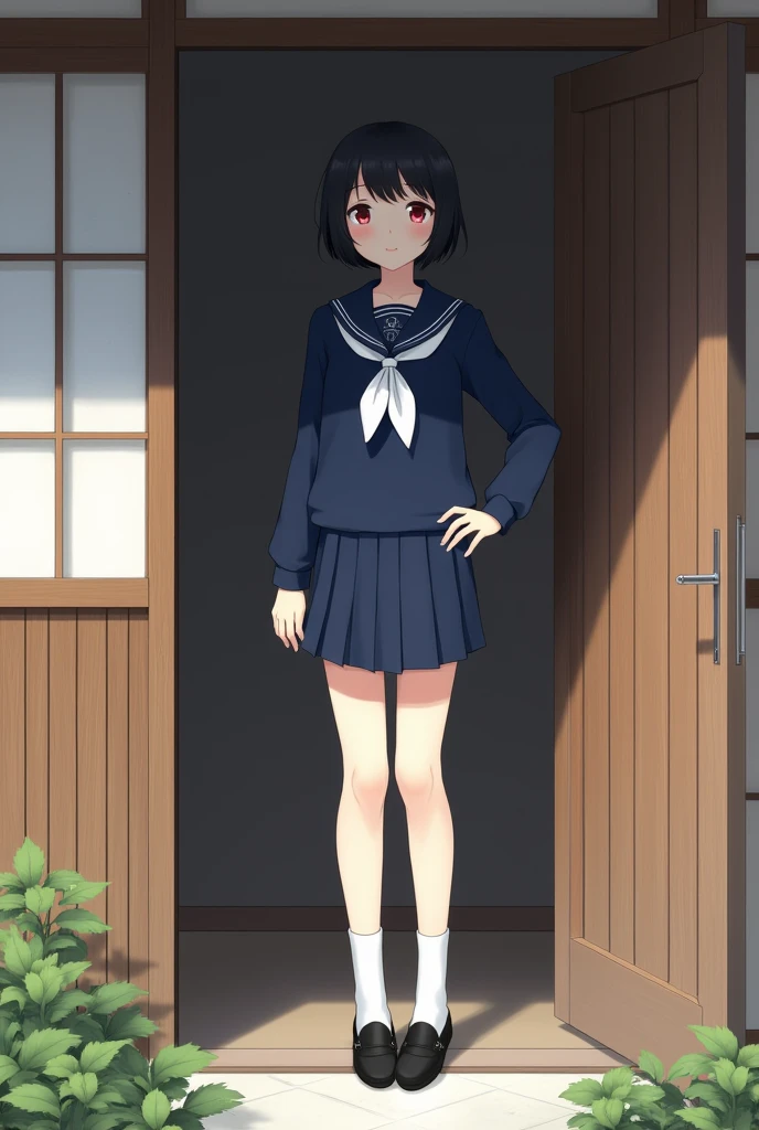 Standing next to the door of a Japanese house、high school girl、Black short hair、Navy long-sleeved sailor suit、skirt,Deep red eyes、barefoot、Cool smile、Full body portrait,Black Loafers,White socks,tall