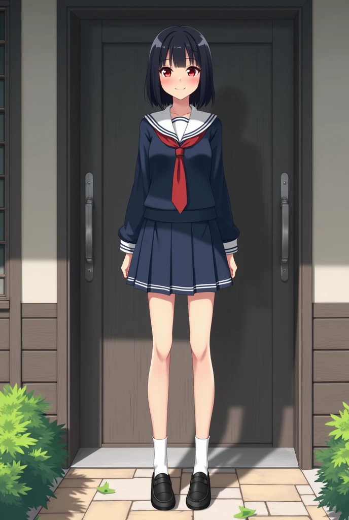 Standing next to the door of a Japanese house、high school girl、Black short hair、Navy long-sleeved sailor suit、skirt,Deep red eyes、barefoot、Cool smile、Full body portrait,Black Loafers,White socks,tall