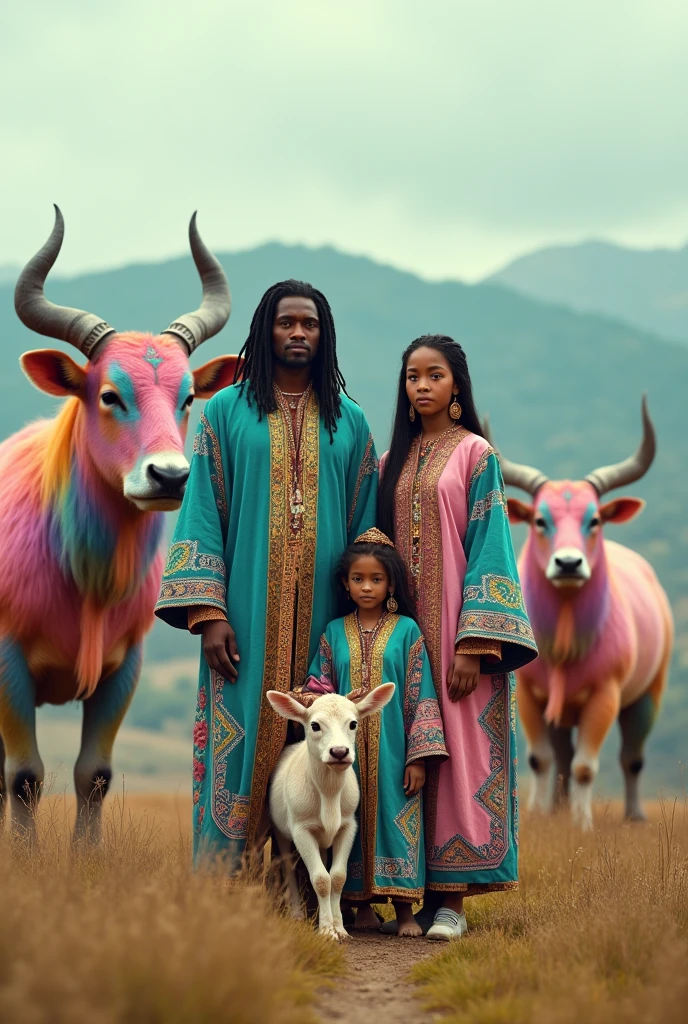A photorealistic 4K cinematic image of a family standing together in a surreal, colorful wilderness, surrounded by large, fantastical animals with vibrant, multicolored fur. The scene captures a moment of unity and harmony between the family and their environment, blending hyper-realism with surreal elements.
The family consists of two adults and two children, all dressed in intricately detailed, traditional-inspired clothing made of rich, woven fabrics in vibrant colors that mirror the hues of the animals around them. The mother wears a long, flowing dress adorned with complex geometric patterns in shades of teal, pink, and gold. Her hair is long and straight, cascading over her shoulders, adding to the serene and regal aura she exudes. The father stands beside her, dressed in a robe with matching patterns, his expression calm and protective.
The children, one boy and one girl, are dressed in similarly patterned outfits, their clothes adorned with small, delicate accessories that reflect the light. The girl’s hair is braided with colorful threads, while the boy wears a small, woven hat. Both children are standing close to a small, vividly colored calf that looks almost otherworldly, its fur a mix of pastel blues, pinks, and oranges, blending harmoniously with the environment.
The background is a wide, open landscape with rolling hills and a soft, overcast sky that casts a diffused light over the scene. The massive, surreal animals that surround the family are adorned with intricate markings on their fur, adding to the dreamlike quality of the image. Their fur flows in the wind, creating a dynamic sense of movement, while their expressions are calm and gentle, as if they are guardians of this magical place.
The lighting is soft and natural, enhancing the hyper-realistic textures of the fur, fabrics, and the family’s features, while the surreal colors and patterns create a vivid, captivating scene. The overall atmosphere is one of peace, connection, and harmony.