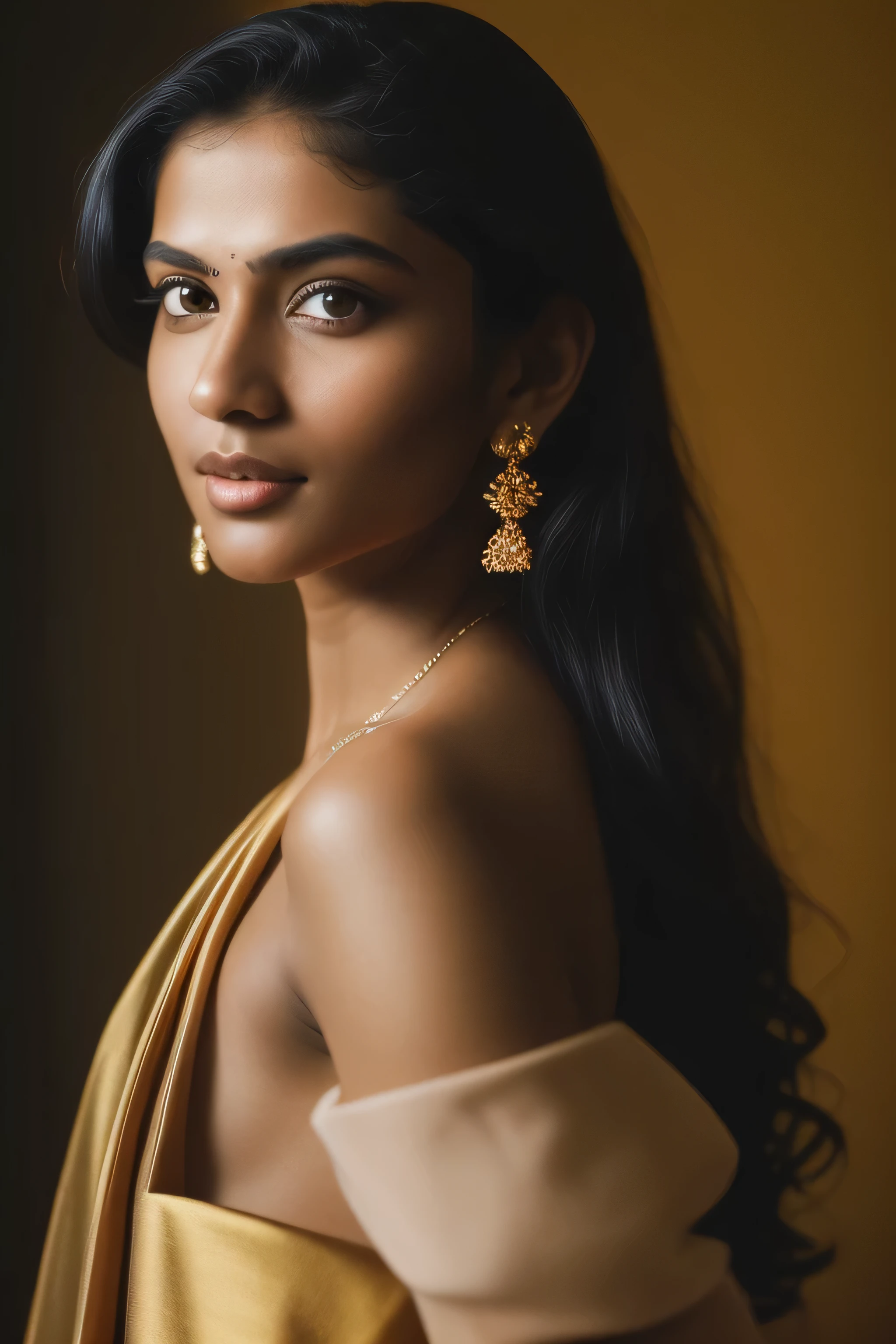 RAW photo, a portrait photo of a kerala vogue model in fashionable kerala white and gold kasavu style, (detailed skin:1.3), (detailed face:1.3), film grain, Fujifilm XT3, vogue photoshoot, (background is a kerala ancestral home at golden hour:1.2), two tone lighting, dark lighting, night, dim light, soft focus, 8k uhd, dslr, soft lighting, high quality, bokeh, backlit