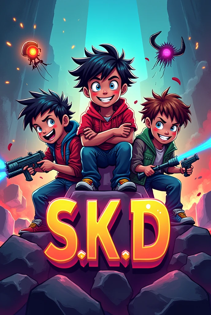 Gamer logo of three children playing and that in letter says (s.k.D) and have animated weapons and demons