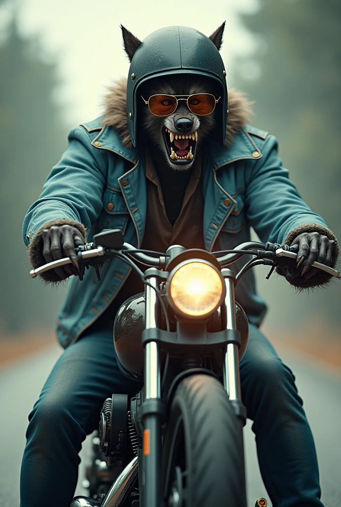 Create a biker werewolf wearing a retro helmet and a light blue denim jacket, on a chopper style motorcycle. Also add some glasses
