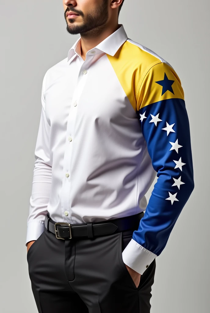 He designed the front of a white long-sleeved dress shirt that has the Venezuelan flag drawn on one full sleeve from the shoulder to the wrist with its 7 legible and extended white stars.