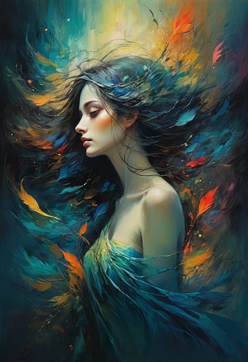 (best quality, highres, vivid colors), (dark, mysterious) lighting, (surreal, dreamlike) atmosphere, (expressive, detailed) brushstrokes, (haunting, ethereal) pregnant  beauty, (whimsical, enchanting) background, (rich, vibrant) color palette, (subtle, delicate) textures, (captivating, evocative) composition,