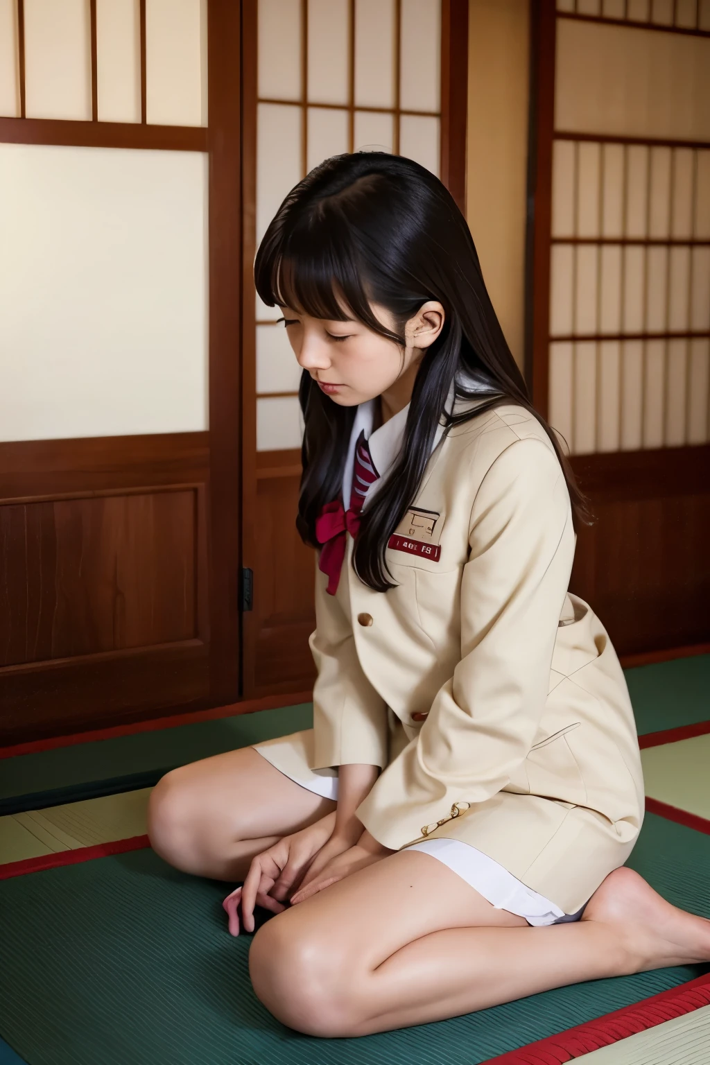 Japanese　beautiful girl　uniform　Completely naked　Prostration