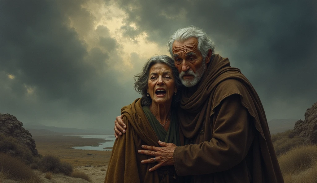old man with an old woman crying with the weather dubbed no estilo da historia do jo da biblia
