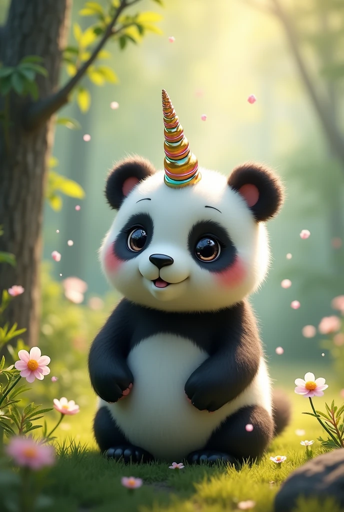 A panda with a unicorn horn