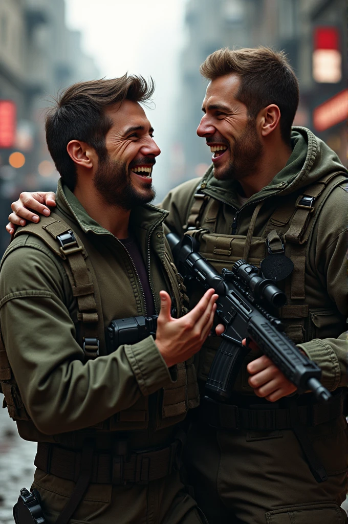 Create an image where two Call of Duty skins appear taking a photo together, one of them smiling and the other amazed