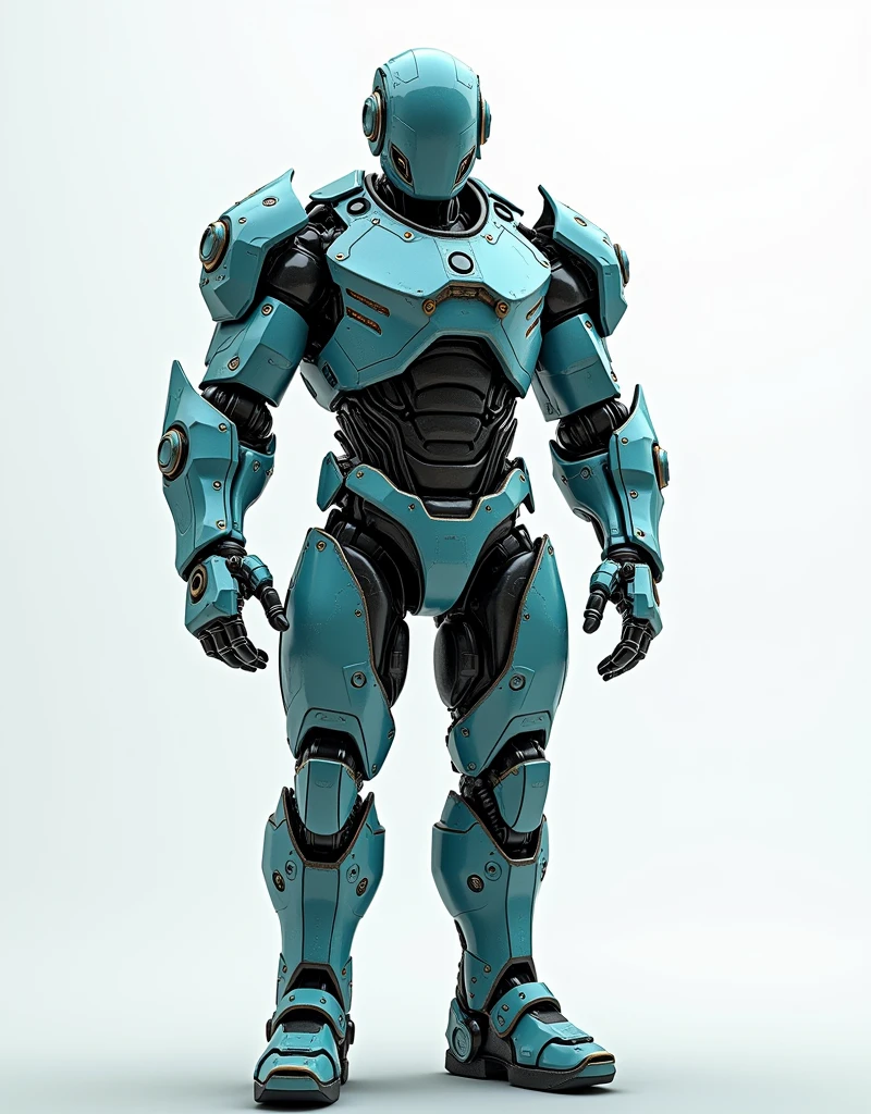 Generate a concept in AI，AI，Half Body，Mecha like Marvel's Hulk full color petrol blue and rust armor, cyberpunk hi tech helmet, Technology，Surreal, white background