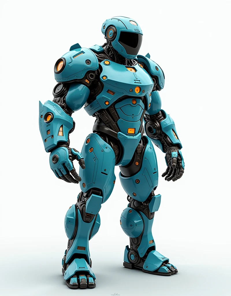 Generate a concept in AI，AI，Half Body，Mecha like Marvel's Hulk full color petrol blue and rust armor, cyberpunk hi tech helmet, Technology，Surreal, white background