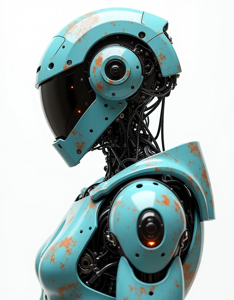 Generate a concept in AI,AI,Half Body,Mecha like Marvel's Hulk full color petrol blue and rust armor, cyberpunk hi tech helmet, Technology,Surreal, white background