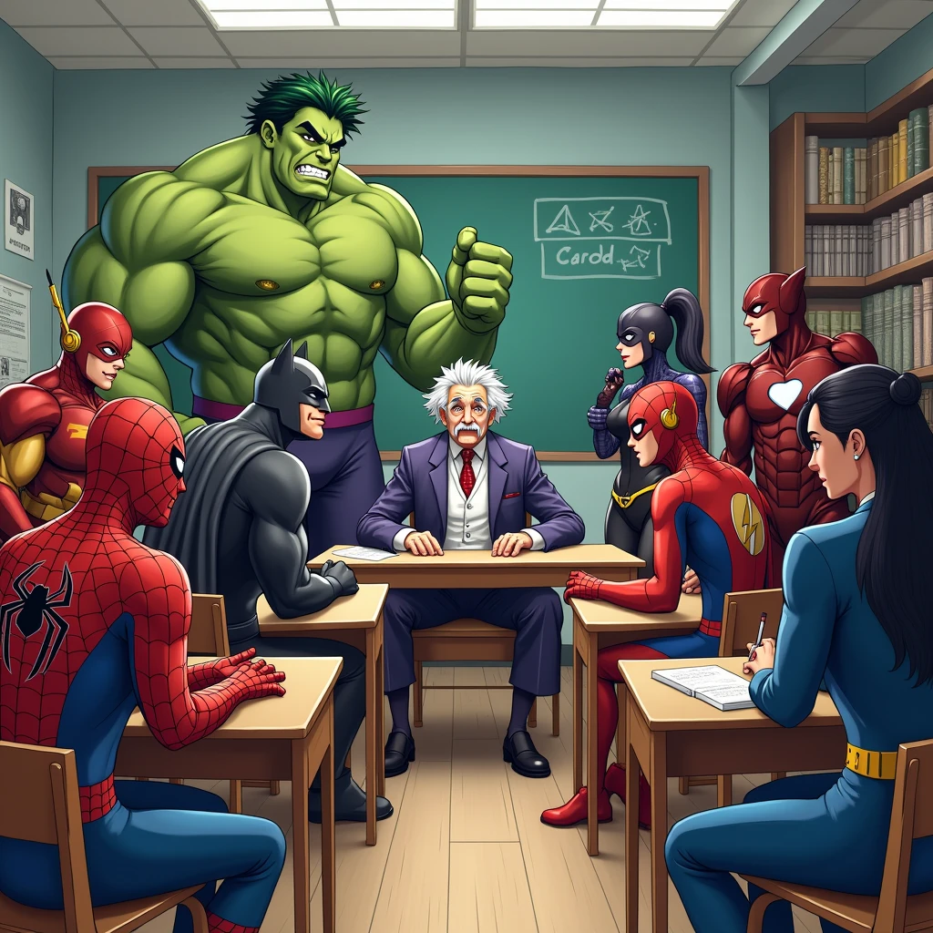 Spider-man, Batman, flash, iron man, hulk, joker, daredevil, catwoman, superman are sitting in a classroom at a lesson taught by Einstein in anime style