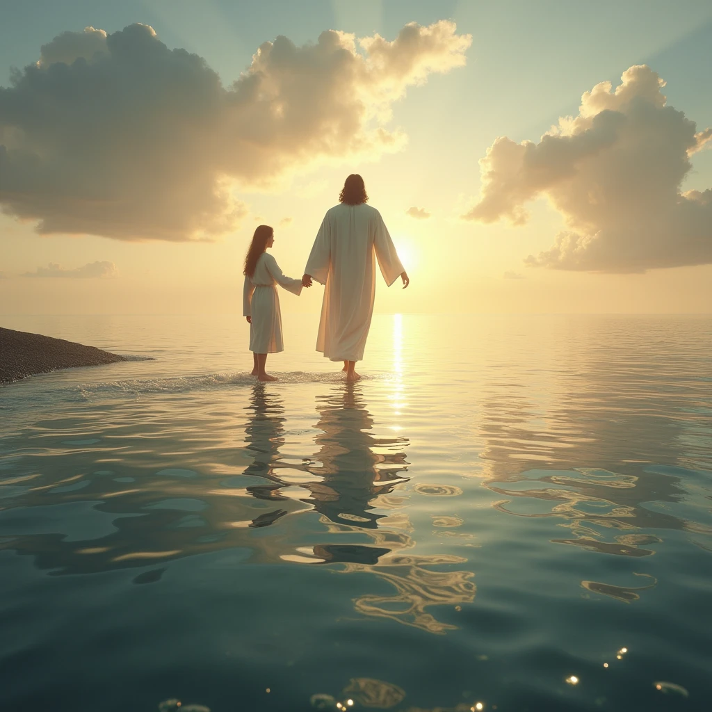 Create an image of a sunrise over a calm ocean, with Jesus walking on the water toward a person standing on the shore. The scene symbolizes the peace and assurance that come from trusting in God’s purpose and His plan for good.