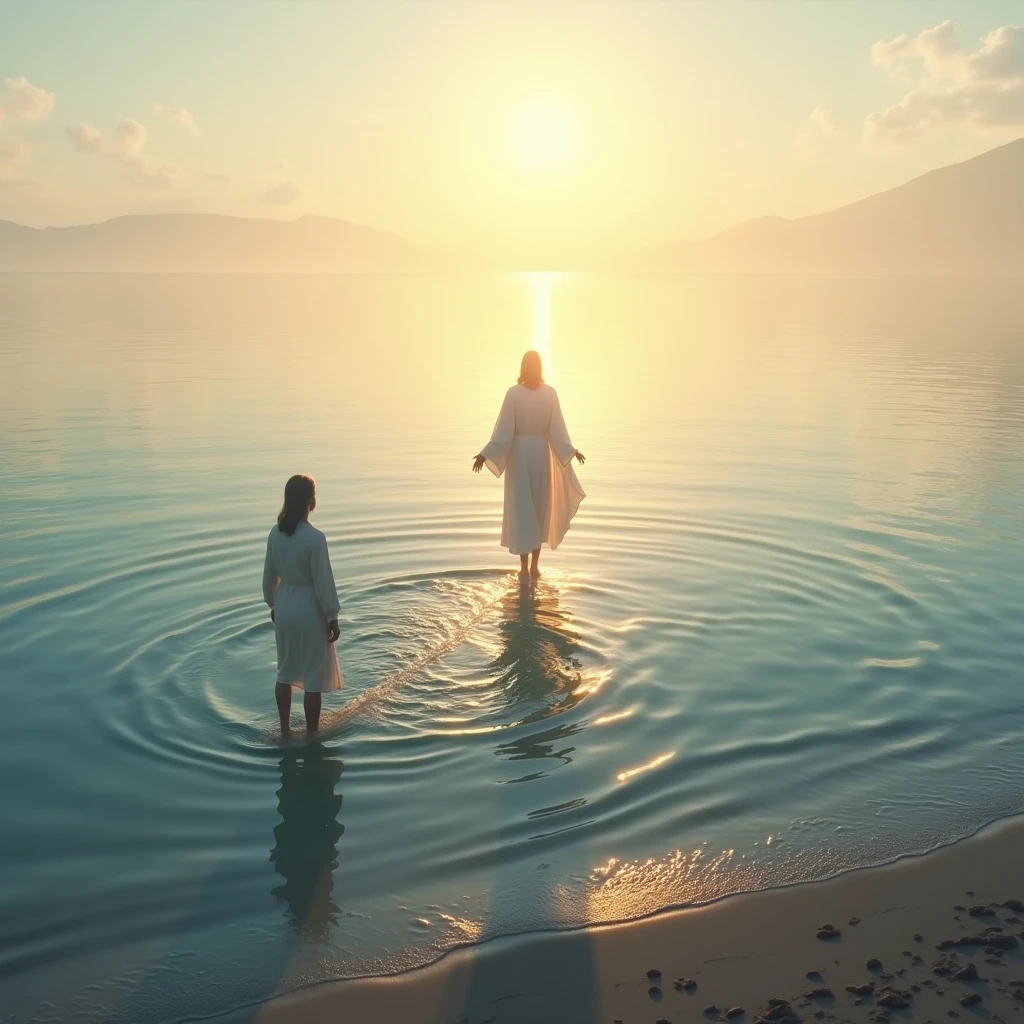 Create an image of a sunrise over a calm ocean, with Jesus walking on the water toward a person standing on the shore. The scene symbolizes the peace and assurance that come from trusting in God’s purpose and His plan for good.