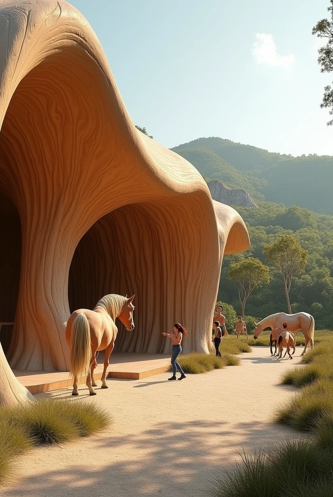 Create an image of equine therapy stables that looks complete with the characteristics of the works of architect Carme Pinós on the outside and create the place with abstract figures with uncommon figures, without simple squares from a wide view, with wooden materials