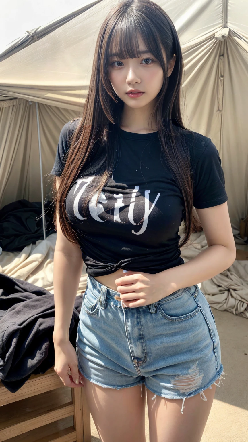 (Details High quality, realistic depiction of eyes:1.3), Tattered clothes, (The collapsed room), (Inside the barrack tent), (wearing a tattered and dirty t-shirt.:1.1), Wearing baggy pants, dirty body, (Messy long hair), black hair color, Big Natural Color Lip, crying a little、Harajuku style、20 year old girl、cute type、lolita, Gravure Idol, full body photo、focus on crotch, huge breasts