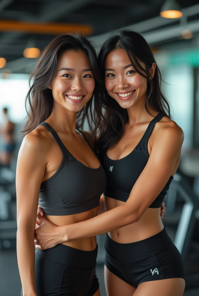 Two beautiful athletic 30 year old asian women woth muscular bodies taking a break at gym wearing sports bras and shorts. Arms around each other. Smiling. Sweaty