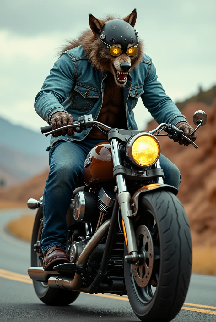 Create a biker werewolf wearing a retro helmet and a light blue denim jacket, on a chopper style motorcycle. Also add some yellow glasses 