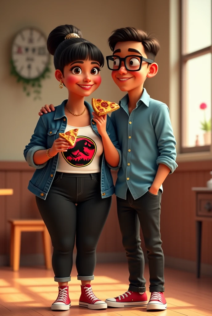 A couple arm in arm, The girl is smiling, she is of robust build with wide legs, small ears and light complexion., wide nose big brown eyes hair in a bun and straight curtain bangs, did you wear a Jurassic Park megra blouse?, black denim jacket and black jeans with red high top converse. The boy with a thin build, tez morena, He wears square glasses, a wide nose, small eyes, short dark straight hair, small ears, wears black dress pants and a sky blue dress shirt, protagonists of a Disney Pixar movie, digital art, eating pizza