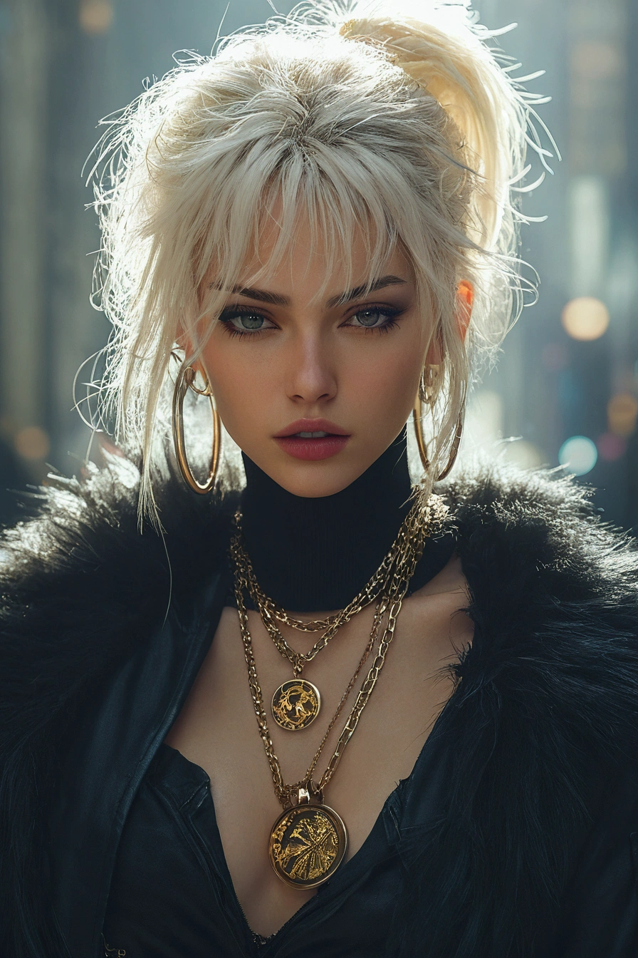 UHD ultra precise 8K digital copy of a blond woman with a black top and a gold necklace and a black jacket, beautiful cyberpunk woman model, soft portrait shot 8 k, trending on artstation 4k, inspired by Hedi Xandt, trending on cg society, artwork in the style of guweiz, luts, cyberpunk 2 0 y. o model girl, perfect white haired girl