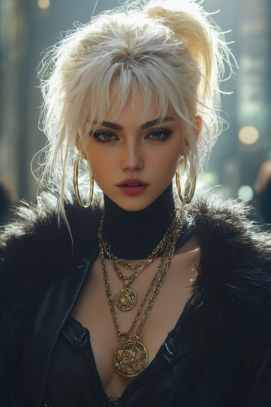 UHD ultra precise 8K digital copy of a blond woman with a black top and a gold necklace and a black jacket, beautiful cyberpunk woman model, soft portrait shot 8 k, trending on artstation 4k, inspired by Hedi Xandt, trending on cg society, artwork in the style of guweiz, luts, cyberpunk 2 0 y. o model girl, perfect white haired girl