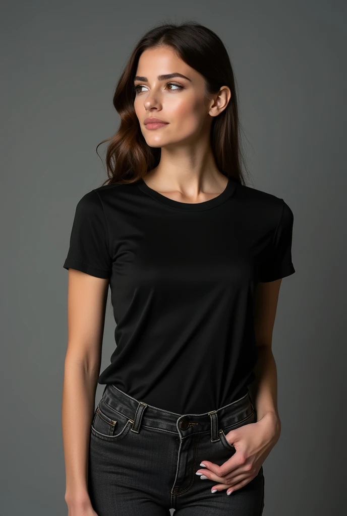 beautiful woman, standing straight facing forward,with black t-shirt, Jeans, on a greyish background, cotton t-shirt texture, fitted t-shirt, round neck, striped tights. Medium camera shot