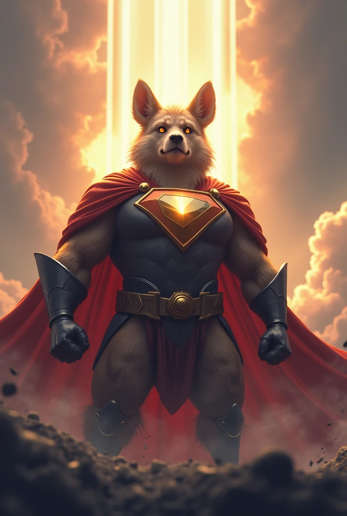 Animal hero with hero badge on chest, with cape. Looking proud