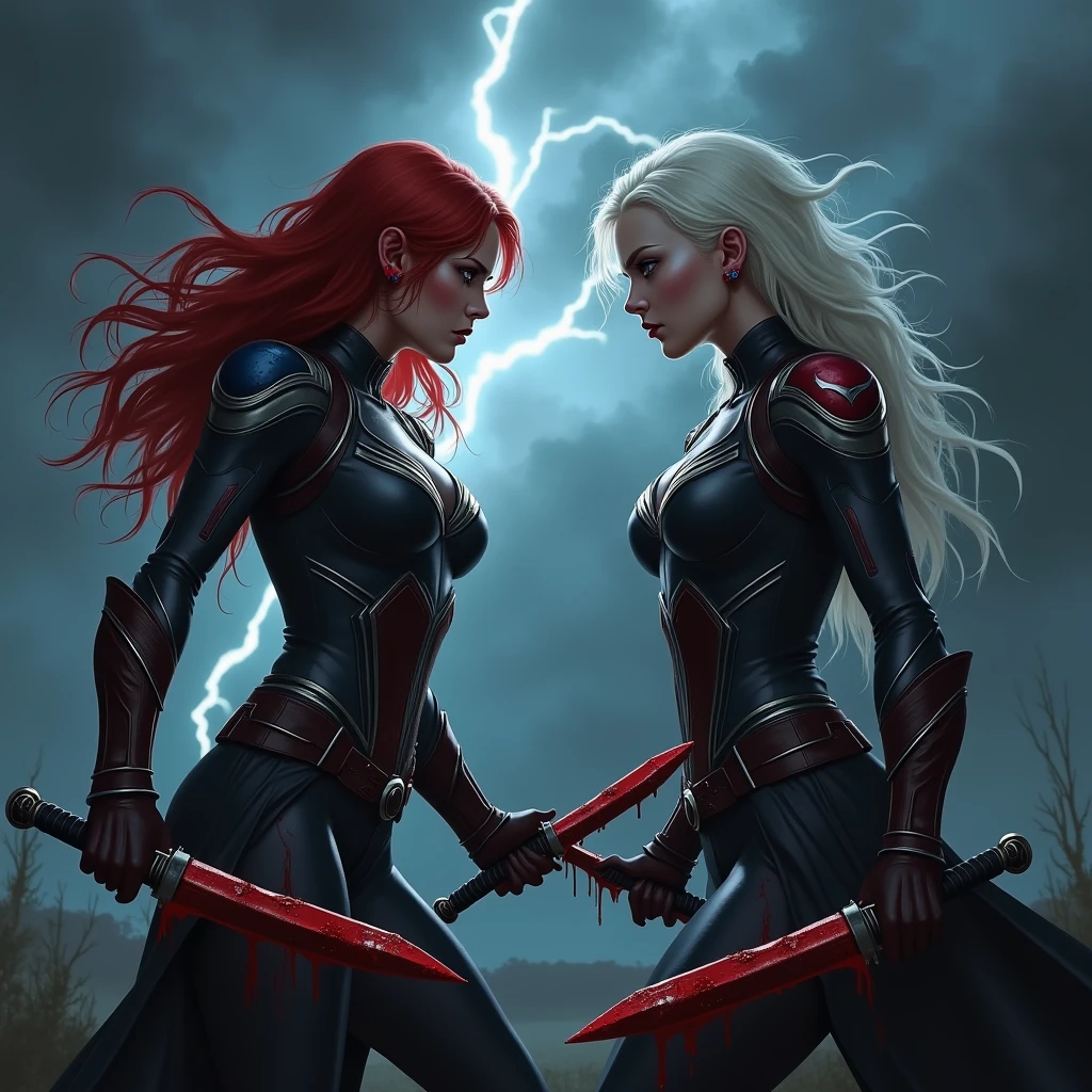 Redhead woman and white hair woman in bloodstained avengers outfits, I want one holding a knife with blood and the other with a knife with blood,I want the background to be a dark and dark night,I want them all over