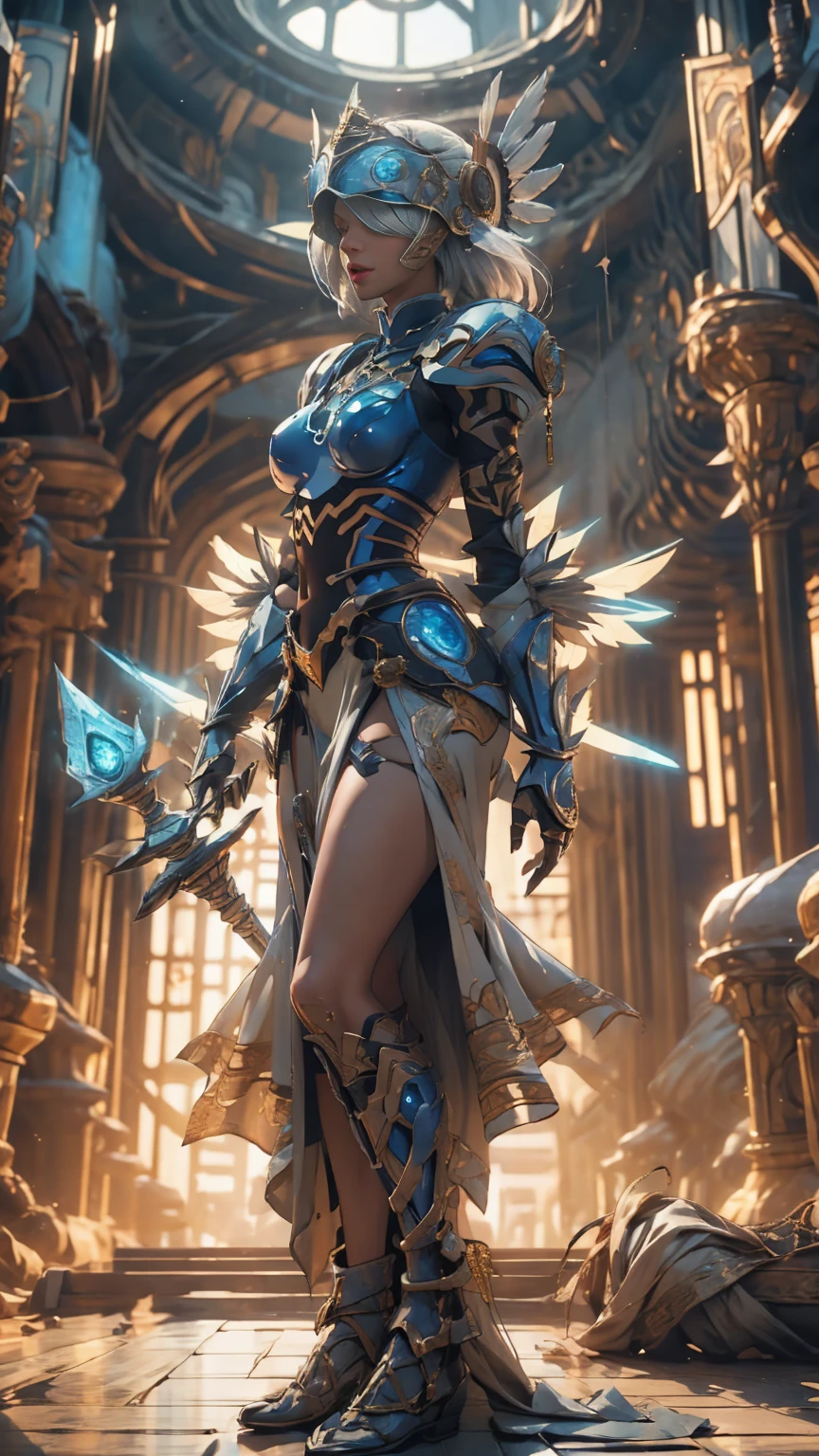 Make a 'kitbash' of Lenneth from 'Valkyrie profile' and 2B from 'Nier: Automata', combine 2B and Lenneth, solo, 1girl, BREAK: ((bright sapphire blue plate mech4rmor)), (keyhole cutout), (blue helmet with blindfold visor down:1.32), thigh cutout, long skirt, wings, BREAK: standing contrapposto, holding glowing spear, light smile, (strong arms), (strong thighs), (strong calves:1.27) , BREAK: plains, castle, BREAK: (better hands, best hands,) (insanely detailed, masterpiece, best quality), strong_negative, Chinese style