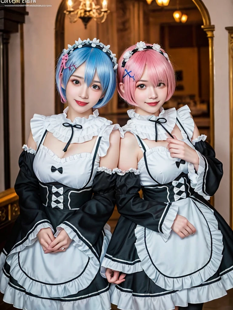 Accurate depiction with high resolution,(8K, Photorealistic, Raw photo, of the highest quality: 1.3), (1girl in), Super beautiful, (Realistic face), (boyish, pink Color Berry Shorthair), Beautiful , Glare that captivates the viewer, Beautiful expression, Beautiful breasts, (Realistic skin), Be...Create a detailed and colorful image of Ram and Rem from Re:Zero, standing back-to-back in their maid outfits, with a magical fantasy background、14years old, two girls,cute, perfect face, beautiful, nice body, gothic lolita clothes, gothic lolita fashion, frilly skirt, headdress, necklace, bracelet, knee-high socks, boots, double eyelids, tear bags, Detailed down to the fingers, photo-like description, indoors, dim indoor lighting, one girl is pink hair and short bob, another girl is light blue hair and short bob,standing,whole body, composition that shows the whole body, smiling,The Both of them are wearing the same type of maid outfit,Optimal ratio of 4 fingers and 1 thumb,walking