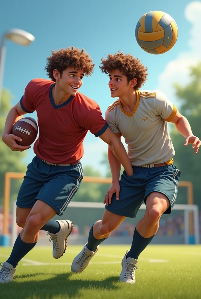 Male twins, with curly hair and blue eyes, one plays American football and the other volleyball, realistic picture