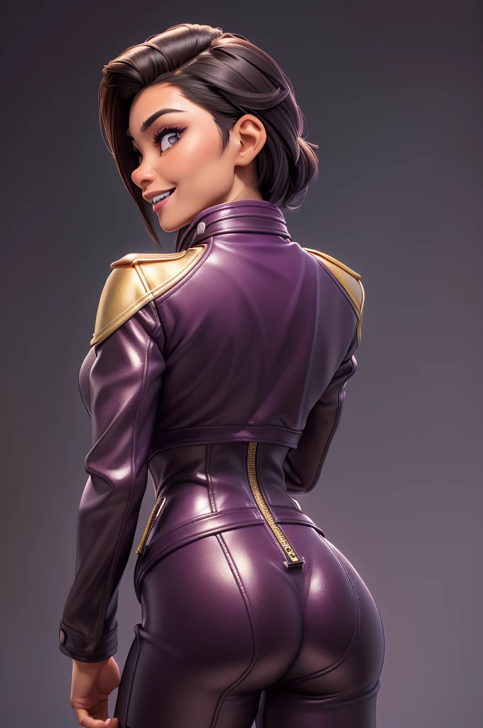 obra prima, melhor qualidade, ((only one woman,)) ((ming na wen, dark tan skin, short black straight hair, heavy makeup eye shadow, open mouth smile with teeth,)) (((wearing thigh length dark plum metallic leather jacket,))) (((jacket is zipped up, jacket covers waist and ass,))) ((jacket has stiff high collar,)) ((gold pvc gloves,)) body is very skinny, standing up, (((arched back, shoulders leaning way back, hips twisting, head tilted way back, chin up,))) ((camera back view, extreme closeup view of upper body,)) shallow depth of field, highres, HD, 8k, anatomically correct