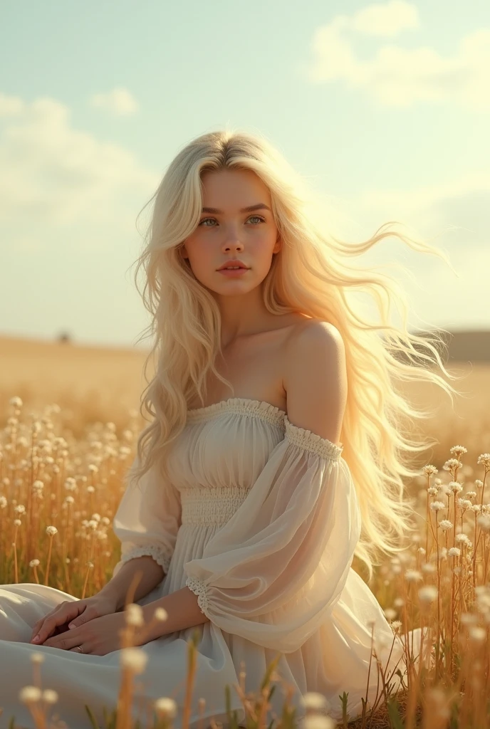 Girl, pretty, blonde, by the wide, naked, longer hair