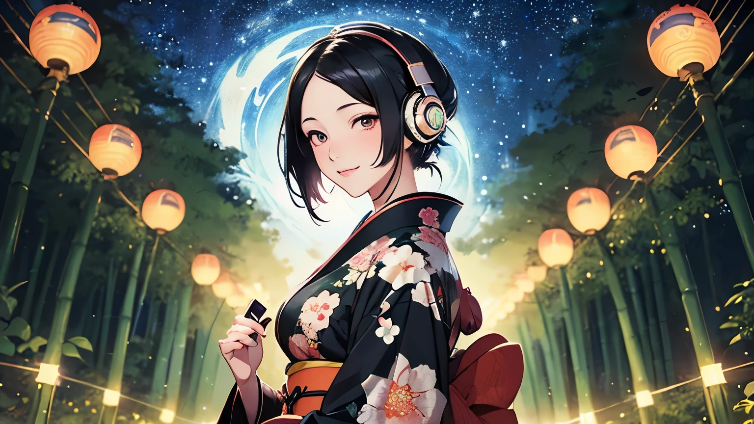 ((masterpiece)), surreal, Portrait of a beautiful fair-skinned anime woman (floral kimono), light makeup, bright eyes, shiny black hair, intricate hair ornament, (small breasts), In the bamboo forest, ((headphones)), ((background: night, starry sky)), ((ukiyo-e style)), ((smile)), ((1 girl)),