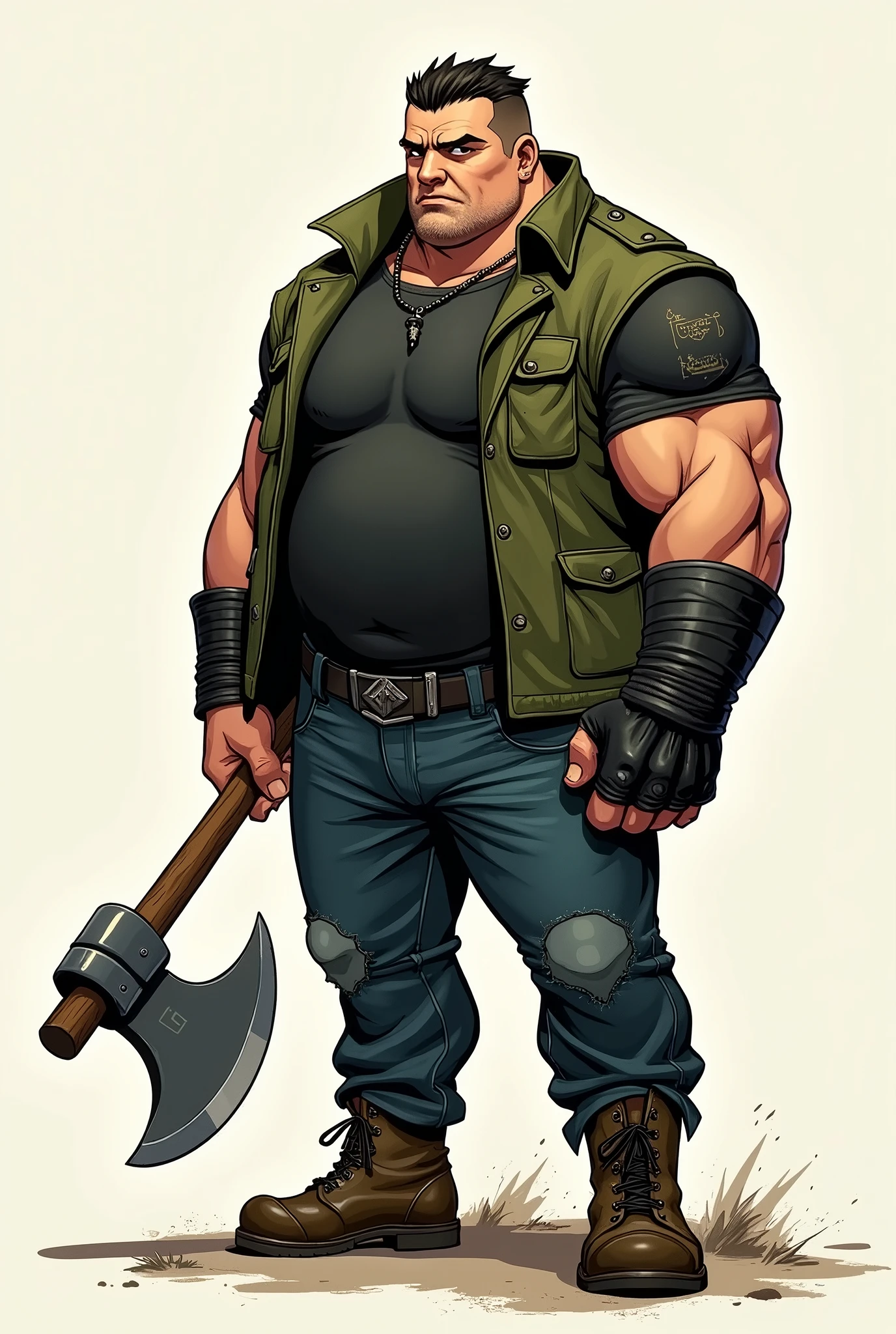 In the Human Comics style, create a character, Godri, a white boy, fat and wide, very strong and muscular, with a determined look. He wears a short moss green coat and a black shirt underneath, dark jeans with round boots and steel toes, and a black leather glove. He carries a large steel axe in his hands.
