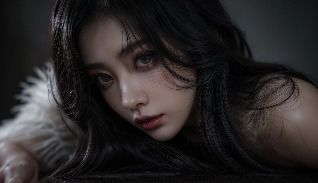 ((1 girl)), ((only one woman), a highly detailed photorealistic image, half-body, a close up of a beautiful japanese woman, long hair with bangs, dreamy gothic girl, gothic make-up, she is a vampire, beautiful face, detailed face, elegant render, half body photo, mistress, photoshop render, cinematic lighting, ebony rococo, elegant girl, female spy, haunting beautiful young woman, detailed face, (gothic makeup), , long eyelashes, extravagant lace dress, lace, beauty girl, very femenine, abandoned gothic cathedral at background, dark haze atmoosphere, ambient dust, (from above)