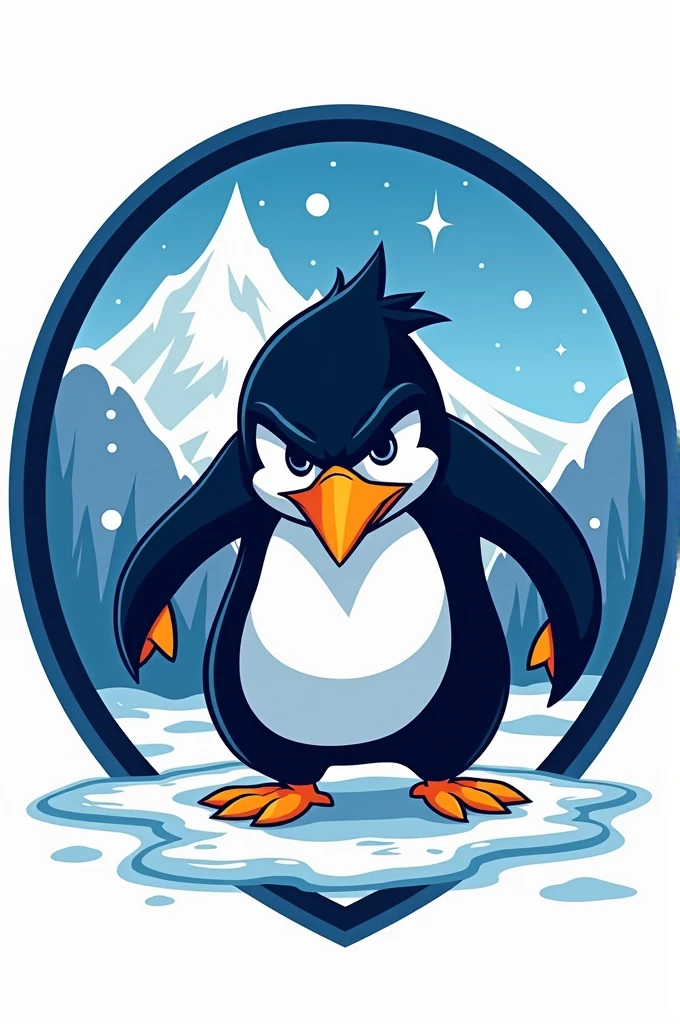 Blue and white round football team shield with an angry penguin in the snow