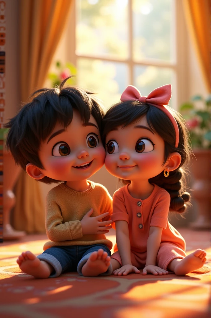 Young Pixar style, sitting together