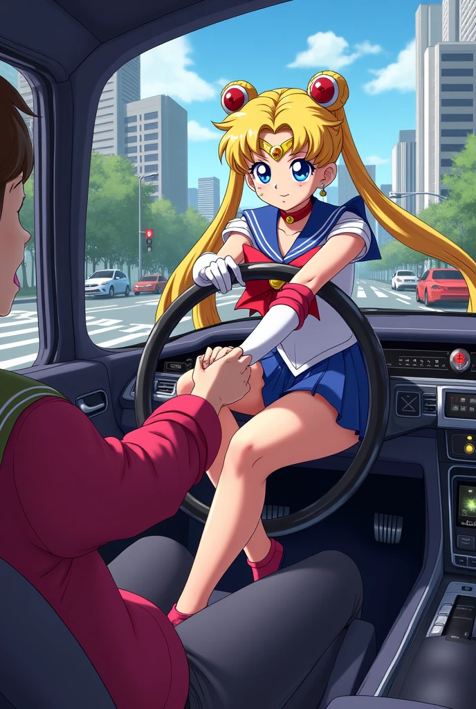 Sailer Moon driving car . The feet pump  the pedal And she hold your Hand .you sitting behind her 
